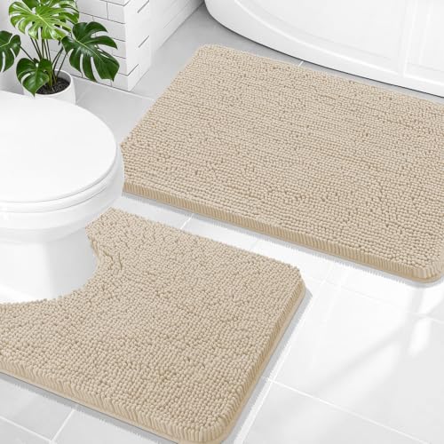 OLANLY Bathroom Rugs Sets 2 Piece, Soft Absorbent Chenille Bath Mats and U-Shaped Contour Toilet Mat Area Rug Set, Machine Washable Bath Carpet, Home Decor Accessories(30"x20"+24"x20", Sand) - color: Sand, size: 30" X 20" + U24" X 20"