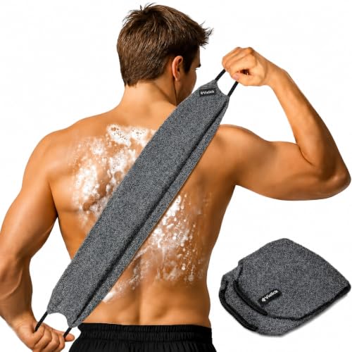 Yiclick Exfoliating Washcloth Towel with Handle, Back Scrubber for Shower, Exfoliating Body Scrubber Exfoliator, Japanese Wash Cloth for Body Scrub, Bath Sponge Loofah Luffa Washer Exfoliator - color: Grey
