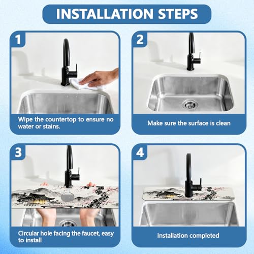 2 Pcs Kitchen Sink Splash Guard Faucet Mat Chinese Style Faucet Mat for Sinks Ink Painting Absorbing Drying Mats for Kitchen Bathroom, 23.6x5.5inch - color: Chinese Style Ink Painting