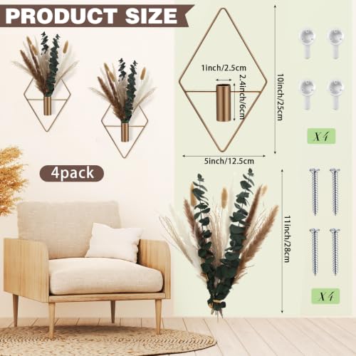 Jexine 4 Pcs Hanging Planters with Artificial Pampas Metal Hanging Vase Indoor Plants Holder Modern Geometric Boho Bathroom Wall Decor for Living Room Home Office, Antique Copper - color: Antique Copper, size: Pampas