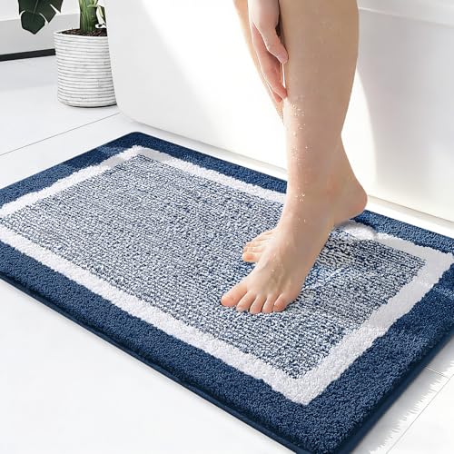 OLANLY Small Bathroom Rugs 24x16, Extra Soft and Absorbent Microfiber Bath Rugs, Non-Slip, Machine Washable, Quick Dry Shaggy Bath Carpet, Bath Mats for Bathroom Floor, Tub, Shower, Navy - color: Navy and White, size: 24" X 16"