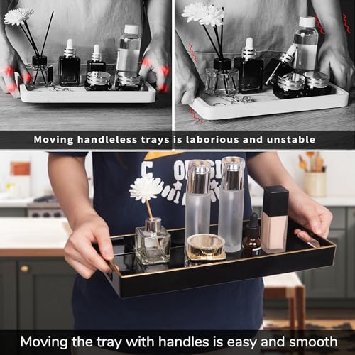 MAONAME Black Bathroom Tray, Plastic Vanity Tray, Narrow Countertop Trays with Handles, Perfume Organizer Trays for Dresser, Bathroom Accessories, 13.8" x 6" x 1.59" - color: Black