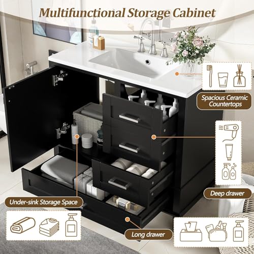 Linique 36" Modern Bathroom Vanity with Sink Combo Set, Bathroom Storage Cabinet with a Soft Closing Door and 3 Drawers, Black - color: Black, size: 36"/ Door without Organizer