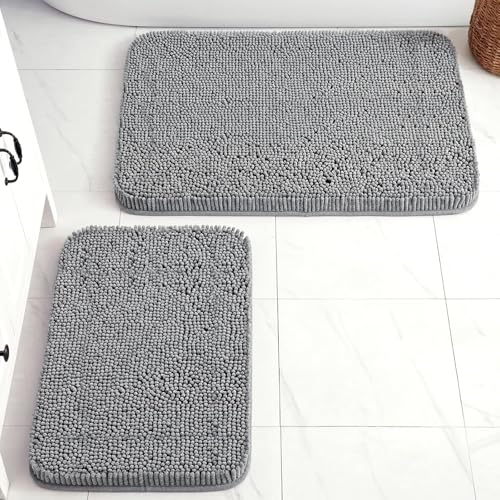 HUXMEYSON Bathroom Rugs Set 2 Piece, Ultra Absorbent Chenille Non Slip Bathroom Mat Set - 17'' x 24'' Plush Bathroom Rug & 20'' x 32'' Extra Soft Bath Mat - Machine Washable, Grey - color: Grey, size: 24" x 17" + 32" x 20"