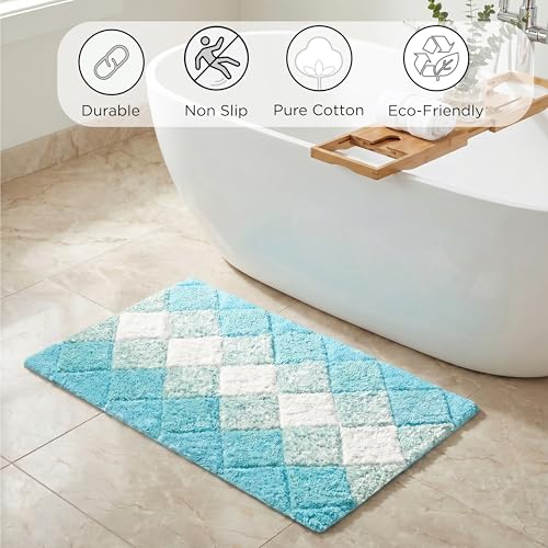 THE BEER VALLEY Set of 2 Albany Bath Rug 21x32/17x24 Inch - Turpuoise | Non Slip Cotton Absorbent Bathmat for Bathroom, Washable Soft Toilet Bathrug - color: Aqua-turq Combo