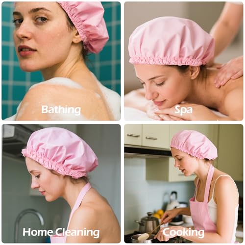 Shower Cap for Women Reusable Waterproof, Large Bath Cap with Elastic Band, Hair Caps for Long Hair and Braids, Pink - color: Pink