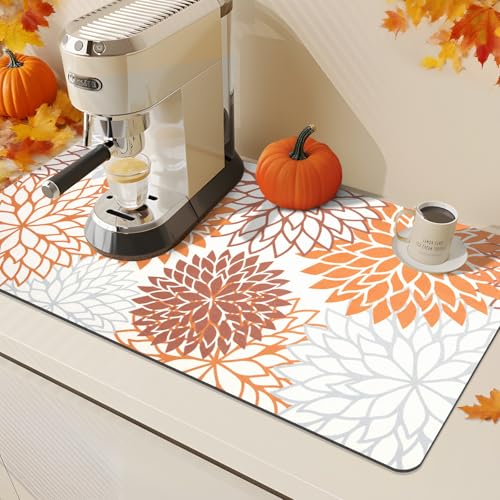Findosom 2PCS 16" x 24" Fall Dish Drying Mat & 24" x 5.5" Sink Splash Guard, Super Absorbent & Cuttable Dish Mat Drying Kitchen Mat with Orange Floral, Hide Stain Drying Mat for Kitchen Counter - color: Orange, size: 16" X 24" + 24" X 5.5"