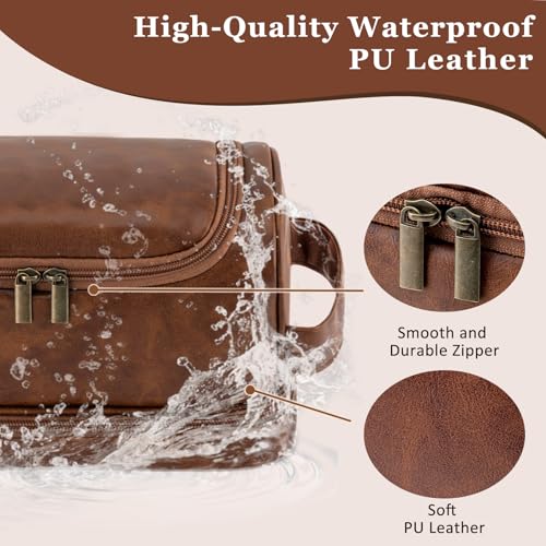 Toiletry Bag for Men Travel Essentials Shaving Dopp Kit with Hanging Hook, Waterproof Toiletry Bag with Dry Wet Separation, PU Leather Travel Organizer for Camping Business, Reddish Brown - color: Reddish Brown, style: Solid