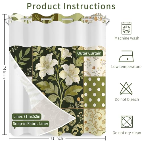 Boho Floral No Hook Shower Curtain with Snap in Liner Set 71x74 in | Vintage Green Patchwork Flower Retro Decorative Shower Curtain for College Dorm Hotel Apartment Bathroom Bathtub - color: Lily Patchwork