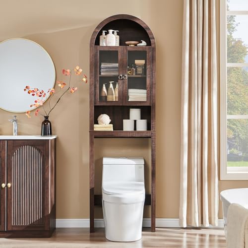 IFGET Arched Over The Toilet Storage Cabinet with Acrylic Doors, Modern Over Toilet Bathroom Organizer Shelf, Small Wooden Bathroom Storage Cabinet with Adjustable Shelf, Space Saver, Dark Walnut - color: Dark Walnut