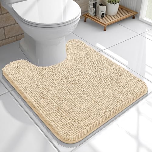 OLANLY Toilet Rugs U-Shaped 20x20, Extra Soft Absorbent Chenille Contour Bathroom Rugs for Toilet, Dry Quickly, Machine Washable, Non-Slip Bath Mat, Beige - color: Beige, size: 20" X 20" Contour Rug