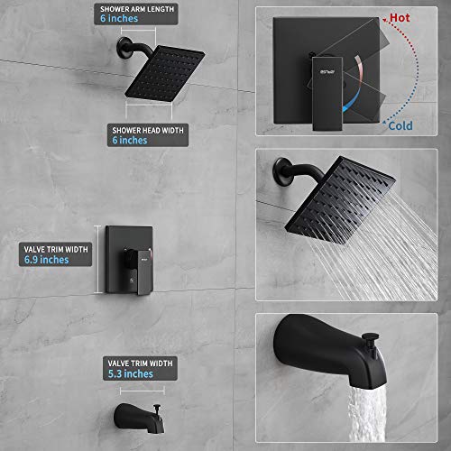 Esnbia Tub Shower Faucet Set (Valve Included) with 6-Inch Rain Shower Head and Tub Spout, Black Shower Head and Handle Set，Single-Handle Tub and Shower Trim Kit, Matte Black - color: Matte Black, style: with tub spout