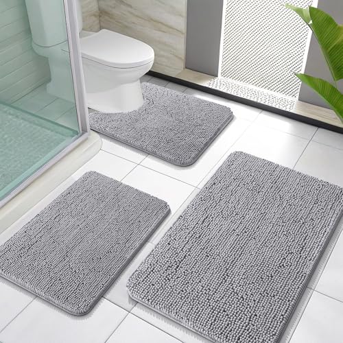 OLANLY Bathroom Rugs Sets 3 Piece, Soft Absorbent Chenille Bath Mats and U-Shaped Contour Toilet Rug, Quick Dry, Home Decor Accessories, Bath Mat Set for Bathroom (30"x20"+24"x16"+24"x20", Grey) - color: Grey, size: 30" X 20" + 24" X 16" + U24" X 20"