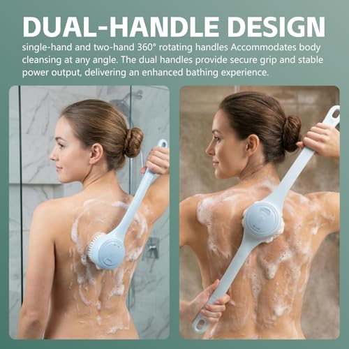 Electric Body Brush Back Scrubber for Shower, Waterproof Long Dual Handle Power Body Scrubber with 4 Heads, Bath Brush & 2 Speeds, for Deep Cleansing, Exfoliating and Massaging Skin (Blue) - color: Blue