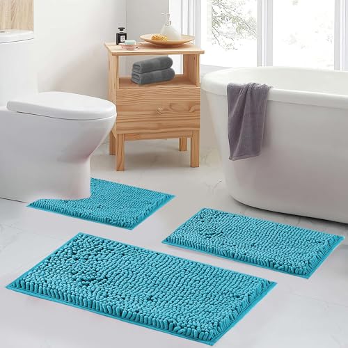 Teal Blue Bathroom Rugs Bath Mats for Bathroom Chenillen Bath Rug Set 2 Piece Non-Slip Bath Mats, Absorbent Shaggy Rugs, Machine Wash, Perfect Plush Bathroom Mats, Batroom Carpets Set - color: Teal Blue, size: 32"L x 20"W + 24"L x 16"W