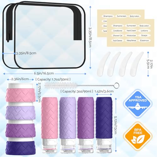 16 Pack Travel Bottles for Toiletries, TSA Approved Travel Size Toiletries Containers Set, BPA-Free Silicone Leak Proof Refillable Bottles Stackable Creams Jars Accessories Kit W/Clear Bag(Purple) - color: Purple