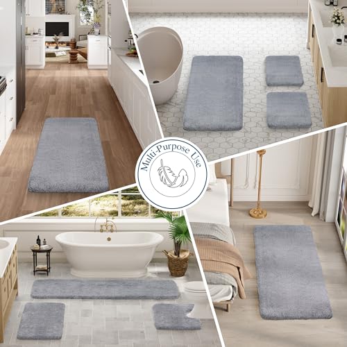 Walensee Bathroom Contour Rug (20x24, Grey) Non Slip Bath Mat for Water Absorbent Soft Microfiber Shaggy Machine Washable U Shape For Toilet