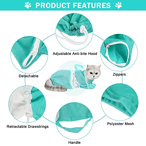 JULMELON 10 PCS Cat Washing Bag for Bath Shower Adjustable Net Grooming Set | Pet Brush Nail Clipper File, Hair Combs Tick Tool, Nail Caps, Bathing Trimming Examination, Grey and Green - color: Grey+Green