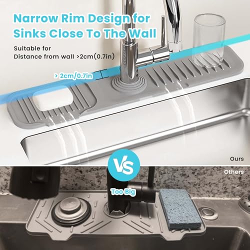 Daily Treasures 45 x 10 cm Splash Sink Guard,Narrow Rim Design Silicone Faucet Mat for Kitchen,5°Slope Water Catcher Mat,Tidy Mat for Kitchen Sink Bathroom Counter Sink Accessories(Grey)