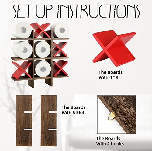 Weysat Tic Tac Toe Toilet Paper Holder Stand Bathroom Wall Decor Rustic Wooden Hanging Storage Freestanding Wall Mounted Shelves Decor for Toilet Tissue Farmhouse - color: Brown, Red