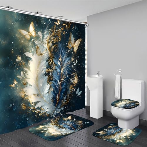 AZHM Luxury Dark Blue Gold Feather and Butterfly Shower Curtain Set 4 PCS Glittery Art Bathroom Decor Set with Non-Slip Rugs, Toilet Lid Cover & Bath Mat - color: Deep Blue