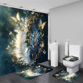 AZHM Luxury Dark Blue Gold Feather and Butterfly Shower Curtain Set 4 PCS Glittery Art Bathroom Decor Set with Non-Slip Rugs, Toilet Lid Cover & Bath Mat - color: Deep Blue