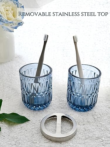 LaMarriti Blue Bathroom Accessories Set, 5Pcs Clear Glass Bathroom Accessories, Hand Soap Dispenser, Soap Dish, Toothbrush Holder Set, Qtips Holder for Crystal Vintage Bath Countertop Decor, Gift Set - style: Blue