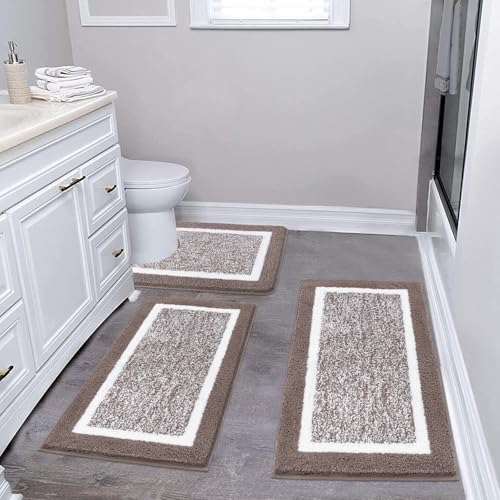 Pauwer Bathroom Rug Set - 3 Piece Shower Mats with U-Shaped Contour Toilet Mat, Absorbent Microfiber Plush Bath Mats, Non Slip, Machine Washable Shaggy Floor Mats - color: Coffee, size: 18"x26"+20"x32"+U Shape 20"x24"
