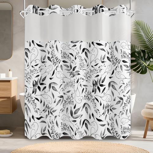 No Hook Shower Curtain with Snap in Fabric Liner Set, Waterproof & Washable, Boho Black and White Leaf Shower Curtains for Bathroom, Modern Farmhouse Rustic Bathroom Curtain, House Gift, 71x74 inch - color: Black and White Leaf