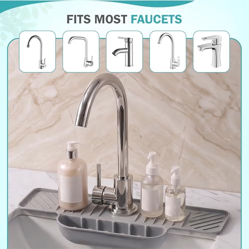 18 Inch Silicone Faucet Mat for Kitchen Sink Splash Guard, Adjustable Faucet Protector with Sponge Holder, Gray Drip Catcher Mat, Faucet Draining Mat