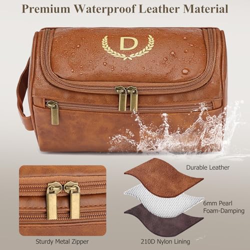 OXYEFEI Personalized Toiletry Bag for Men,Personalized Gifts for Men,Engraved Initial PU Leather Mens Toiletry Travel Shaving Travel Essentials Toiletries Bag for Him Birthday (R, Light Brown) - color: Light Brown, style: R