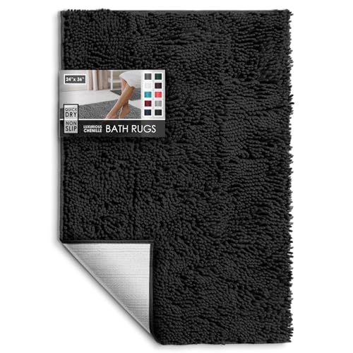 Hearth & Harbor Bathroom Rugs, Chenille Bath Mat - Machine Washable Bath Mats for Bathroom Non-Slip Backing Rubber, Quick Dry Bathroom Mat - Black 24x36 - color: Black, style: 24 x 36
