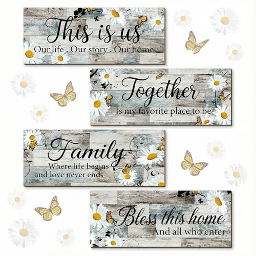 4Pcs Farmhouse Daisy Wooden Wall Art Decor for Living Room Rustic Wood Signs Set Daisy Flower Kitchen Wall Art Together Bless This Home Wooden Plaque Sign for Entryway Bedroom & Housewarming - style: Farmhouse Daisy