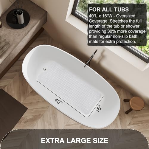 TEESHLY Bath Tub and Shower Mats, Non Slip 40 x 16 Inch Extra Long Bathtub Mat, Machine Washable Bathmat with Drain Holes, Suction Cups for Bathroom Floor, Clear - color: Clear