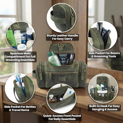 LEATHER VILLAGE Genuine Leather Travel Dopp Kit for Men & Women – Water-Resistant Large-Capacity Hanging Toiletry Bag for Travel, Grooming, Bathroom Organization, Shaving Essentials & Gym Use - Olive - color: Olive