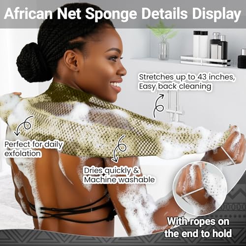 African Net Sponge Authentic 2 Pieces Gentle Exfoliating Body Scrubber Bath Sponges for All Skin Types, African Exfoliating Net Sponge with Handles Washcloth Loofah Bathing Accessories for Shower - style: Dark green, Olive green