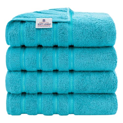 American Soft Linen 100% Cotton Luxury Turkish Towels, 4 PC Bath Towel Set | Soft Absorbent Quick Dry OEKO Tex Standard 100 Certificated Durable Machine Washable Breathable Premium Hotel Quality - color: Aqua Blue, size: 4 PC (27"x54")