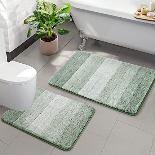 2 Piece Ombre Bath Mat Set for Bathroom, Non Slip Ultra Soft and Thick Water Absorbent Bath Carpet, Machine Washable & Quick Dry Bathroom Rug, for Bedroom Door Living Room Green - color: Green Rug, size: 20" x 32" + U Shape 24" x 20"