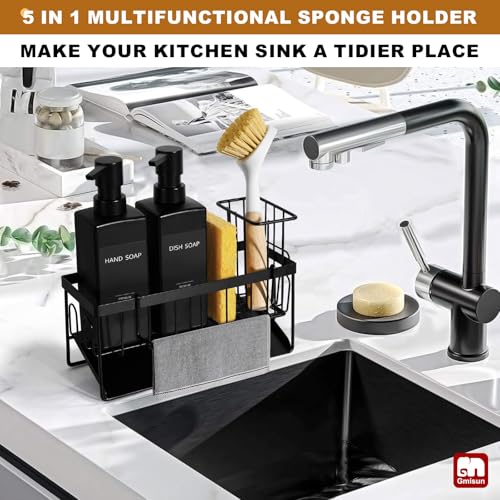 GMISUN Dish Soap Dispenser, 12 fl oz / 350 ml Dual Kitchen Soap Dispensers with Sponge Holder, Customized Matte Black Kitchen Soap Dispenser Set, Modern Hand and Dish Soap Bottle Set Removable - color: Black Bottle + Black Rack