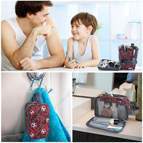 Kids Toiletry Bag for Boys, Travel Toiletry Bag for Little Young Boys Waterproof Hanging Wash Bag Toddler Traveling Toiletries, Red Soccer Balls - color: Red Soccer