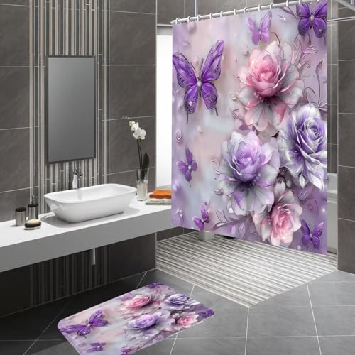 DDQQ 4Pcs Purple Glitter Floral Shower Curtain Set Bathroom Sets Butterfly Diamond Shower Curtain with 12 Hooks Bathroom Decor with Rugs Bath Accessories with Mats Toilet Lid Cover - color: Purple