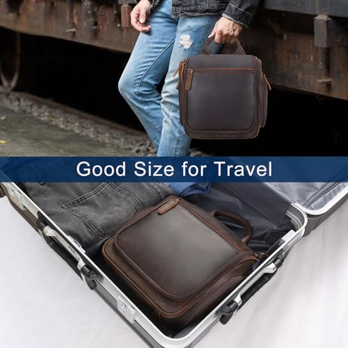 Masa Kawa Leather Hanging Travel Toiletry Bag for Men Portable Expandable Camping Cosmetics Makeup Toiletries Organizer Vintage Bathroom Shaving Kit Brown Wash Bags - color: Brown