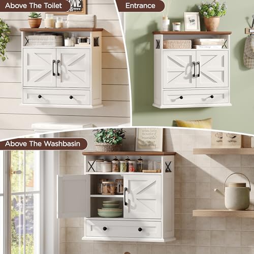 Bathroom Wall Cabinet, 23.6''x23.6'' Farmhouse Wall Mounted Medicine Cabinet with Drawer, 2 Barn Door & Adjustable Shelf, Space Saving Over The Toilet Storage Cabinet for Bathroom, Kitchen, Entryway