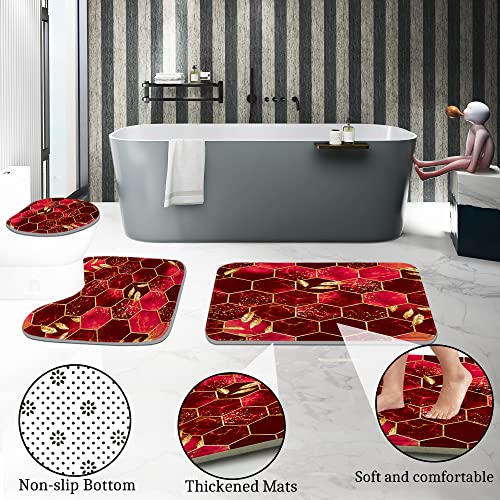 Poedist 4 Pcs Bathroom Shower Curtain Set,Red Honeycomb Marble Bathroom Sets with Rugs(Bath Mat,U Shape and Toilet Lid Cover Mat) and 12 Durable Hooks - color: Red