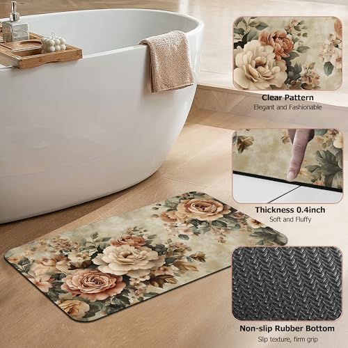 Vintage Rose Bath Mat, Retro Flowers Diatomaceous Earth Bath Mat,Rubber Backing Quick Dry Absorbent Washable Bathroom Rugs for Tub Non Slip 17"x29.5" - color: Vintage Rose,retro Flowers