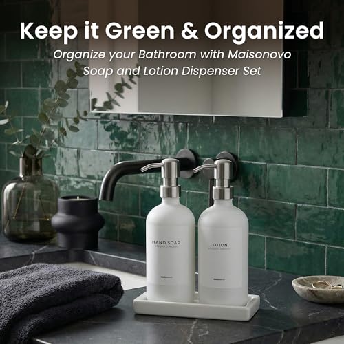 MaisoNovo Soap and Lotion Dispenser Set - Bathroom Soap Dispenser Set with White Soap Dispenser, Silver Pumps & Concrete Tray - color: White Bottles/ Silver Pumps/ White Concrete Tray