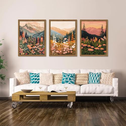 Boho Colorful Landscape wall art Wildflower Mountain Wall Decor Vintage Floral Forest Paintings Rustic Nature Pictures Canvas Prints for Living Room Bedroom Dining Room 16x24 Inch Wood Framed - color: Colourful, size: 16x24Inch Framed