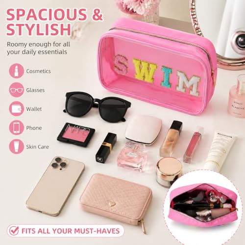 Sunscreen SPF Makeup Bag with SWIM Chenille Letters, Waterproof Clear Pink Cosmetic Bags for Women, Sunblock Organizer for Pool, Swim Team, Beach Travel Toiletry Sun Pouch - style: Pink-swim