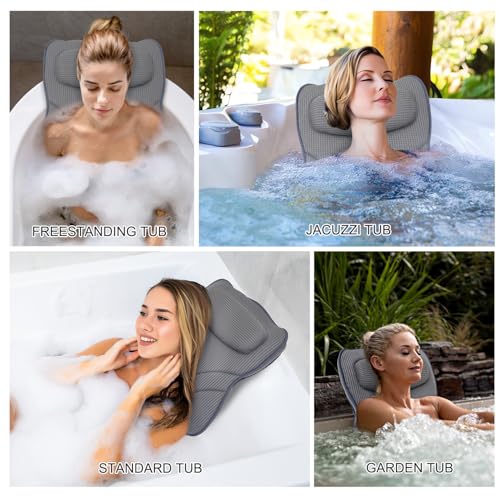 Extra Long Thick Full Body Bath Pillow for Tub with Lumbar Pillow- Luxury 4D Air Mesh Bathtub Pillow with Head, Shoulder & Back Support, Non-Slip Bath Cushion with Suction Cups (Gray) - color: Gray