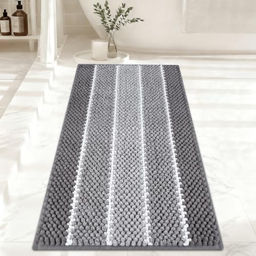 ArtyCozy Bathroom Rug, Extra Thick Absorbent Chenille Striped Pattern Shaggy Bath Mat Non Slip, Soft Plush Bath Floor Mats, Machine Washable, Grey, 24"x60" - color: Grey, size: 24" × 60"